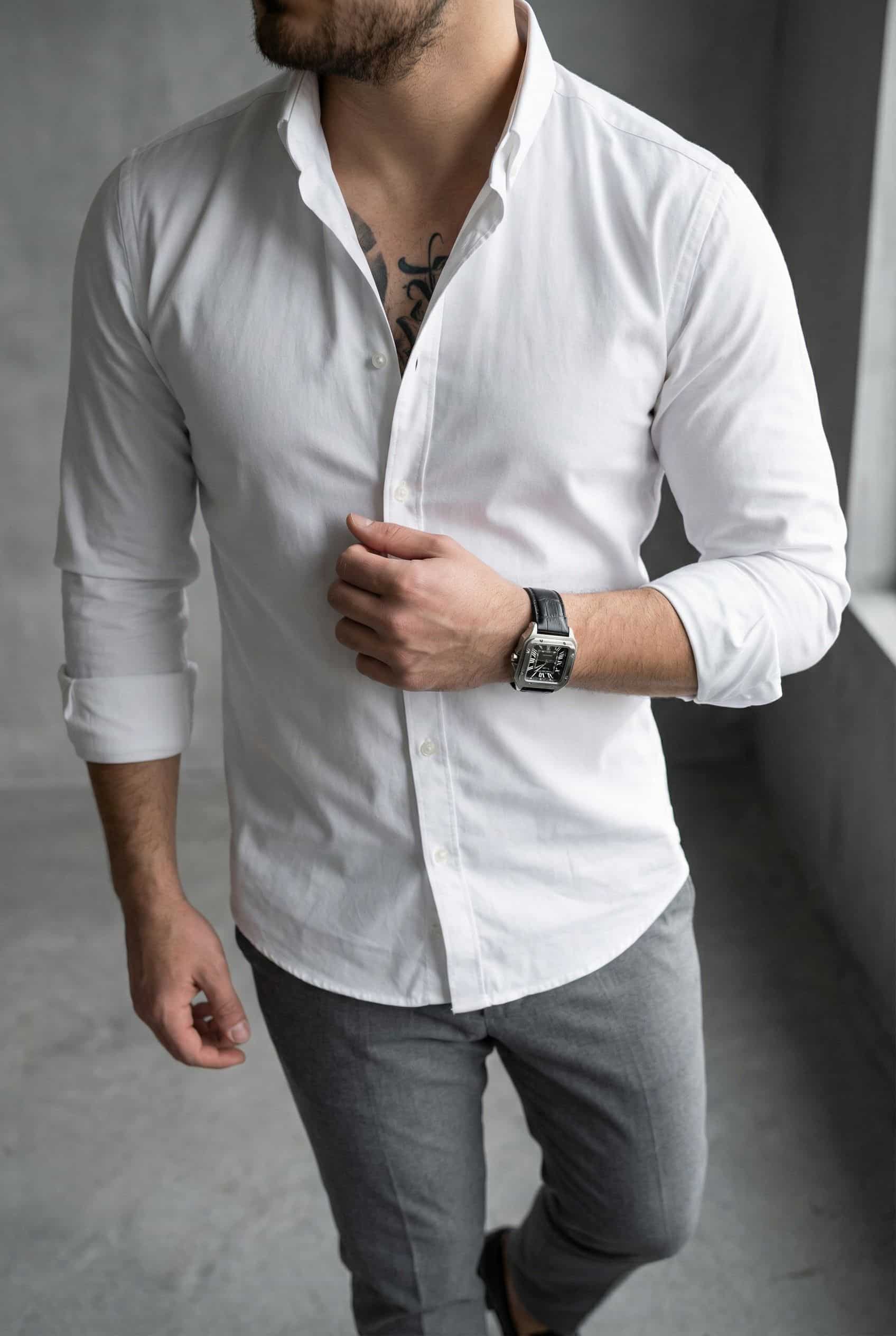پیراهن مردانه سفید آستین بلند | پارچه دوشین کیفیت بالا